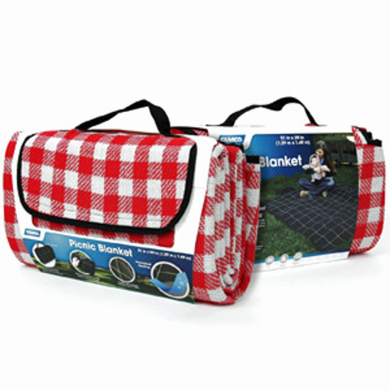 Picture of Camco  Fleece w/ Waterproof Backing Red & White Checkered Picnic Blanket 42801 03-0721                                       