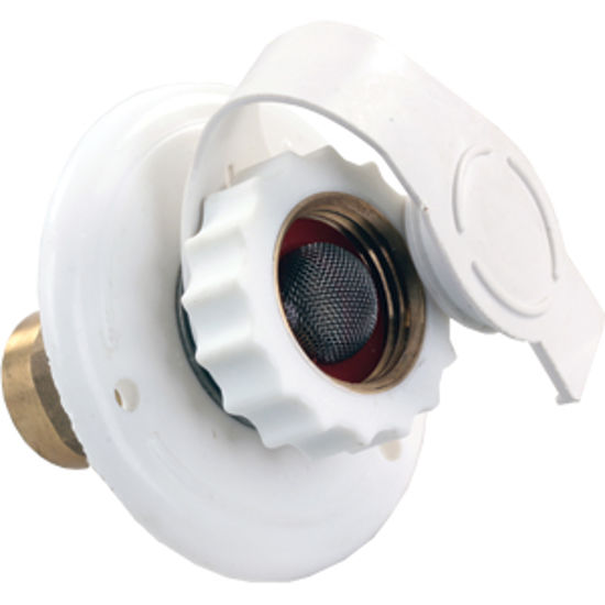 Picture of JR Products  White Plastic Flange Fresh Water Inlet w/Check Valve 62135 10-1102                                              