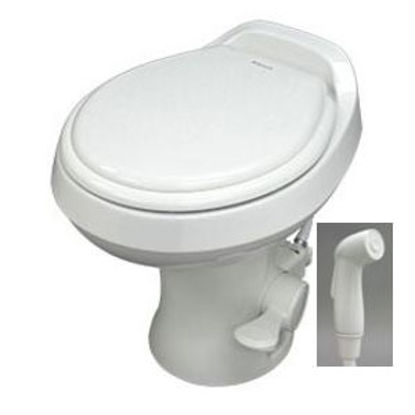 Picture of Dometic 300 Series Bone 18" Pedal Flush Permanent Toilet w/ Hand Sprayer 302300173 12-0018