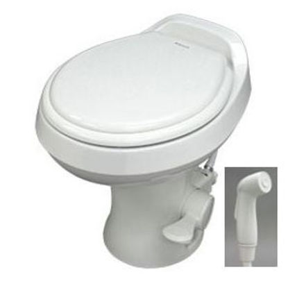 Picture of Dometic 300 Series White 18" Pedal Flush Permanent Toilet w/ Hand Sprayer 302300171 12-0024