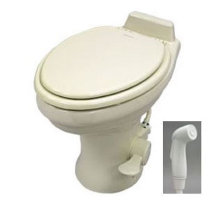 Picture of Dometic 320 Series White 18" Pedal Flush Ceramic Permanent Toilet w/ Hand Sprayer 302320181 12-0026