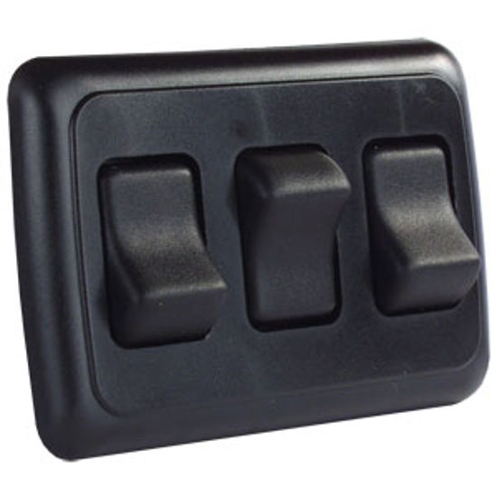 Picture of JR Products  Black 125-250V/ 16A SPST Triple Rocker Switch w/ Bezel 12245 19-0160                                            