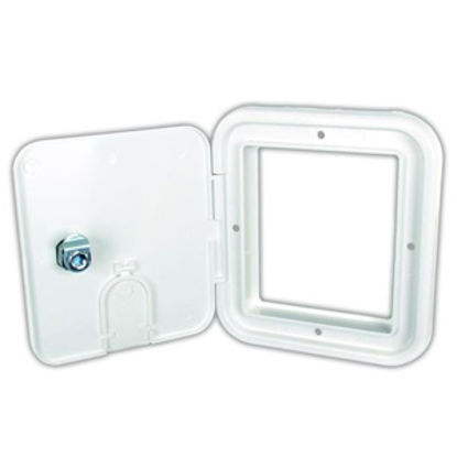 Picture of JR Products  Polar White 4-3/4"RO Square Lockable Cable Hatch Access Door MGE32-A 19-0197                                    