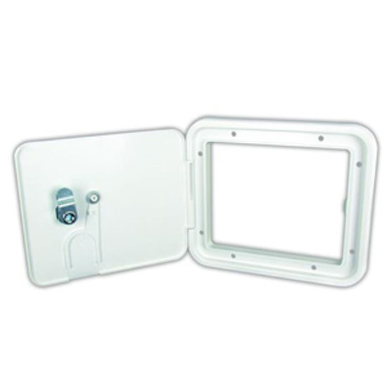 Picture of JR Products  Polar White 5-7/8"RO Lockable Low Profile Electrical Hatch Access Door S7132-A 19-0211                          