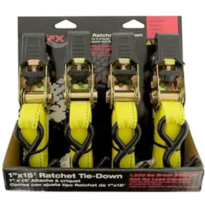 Picture of Trail FX  4-Pack 1" x 15' Yellow Ratchet Tie Down Strap w/S-Hook A11043Y 25-6842                                             