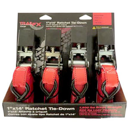 Picture of Trail FX  4-Pack 1" x 14' Red Ratchet Tie Down Strap w/S-Hook A11033R 25-6843                                                